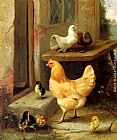 Hen Canvas Paintings - A Hen, Chicks And Pigeons